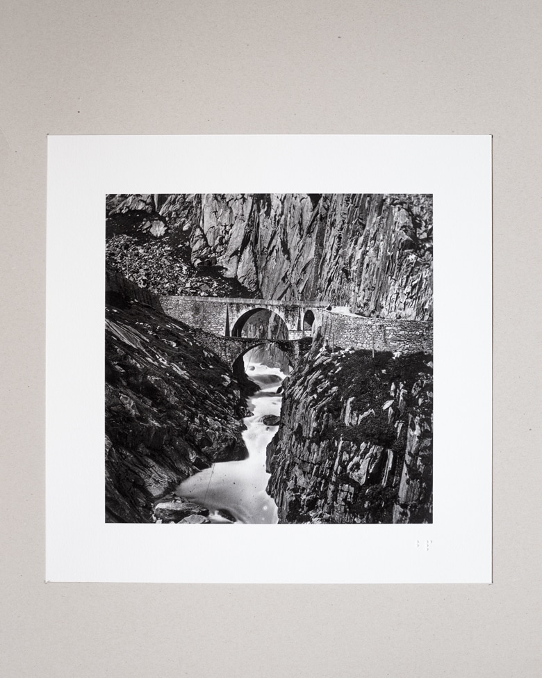 blackprint edition - karo edition Nr.04, antique stereoview photography on glass of Ferrier & Soulier, Devil's Bridge / Teufelsbrücke - Gotthard in Switzerland 1864
